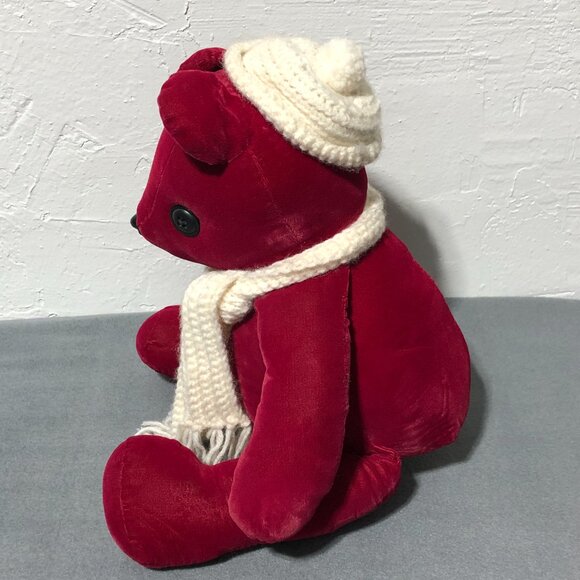 Vintage Handmade Velvet Red Teddy Bear Button Eyes Scarf & Hat - Picture 5 of 10